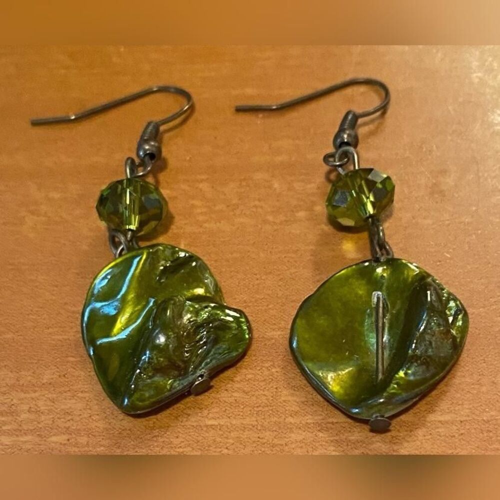 Green Dangle Earrings Drop Bead French Hook Boho Womens Jewelry Statement 2"